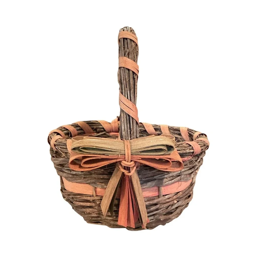 Vintage Rustic Twig‎ Woven Basket Pink Raffia Bow Small Decorative 10x8x6